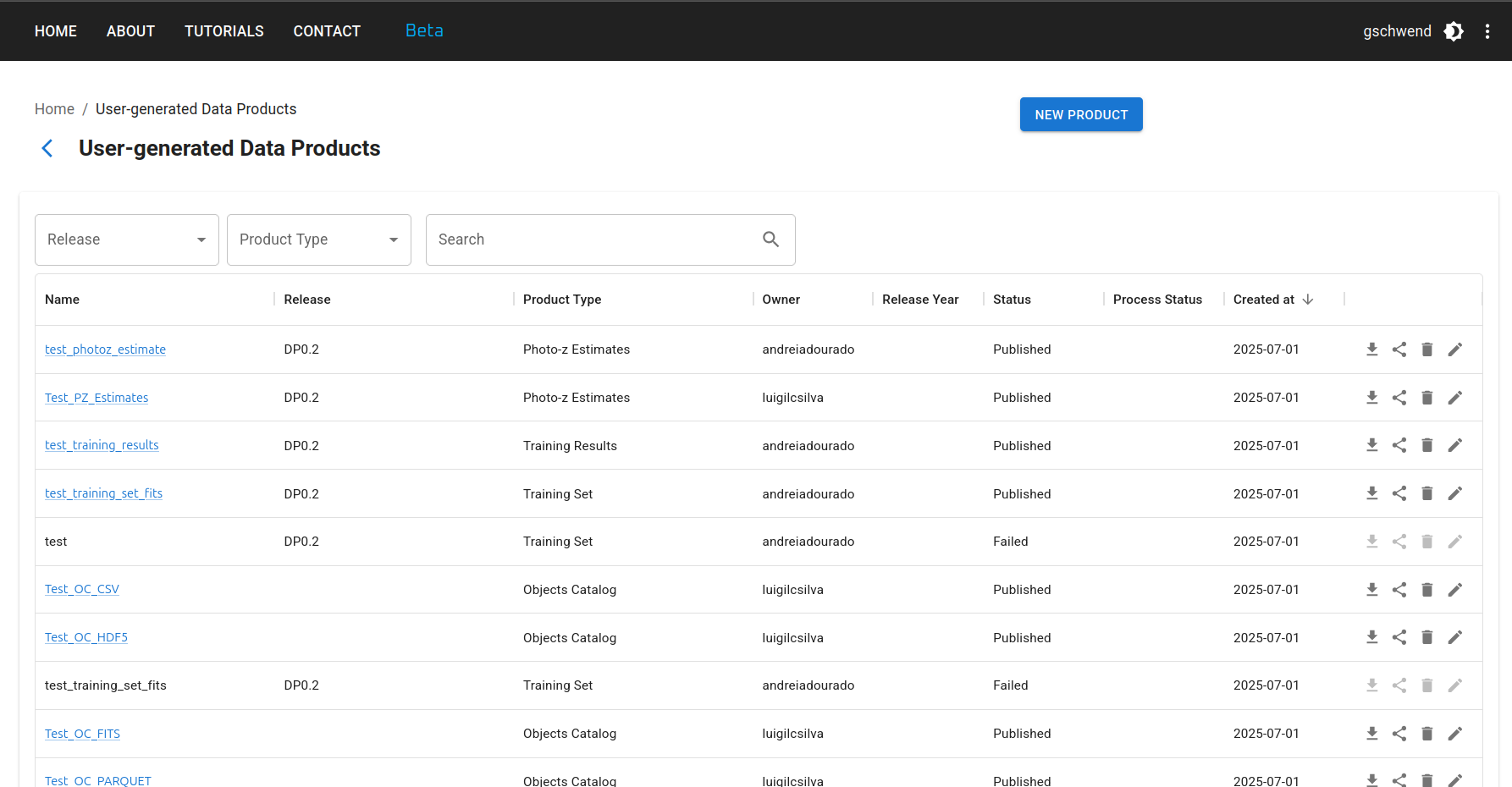 Photo-z Server Data Products List Page