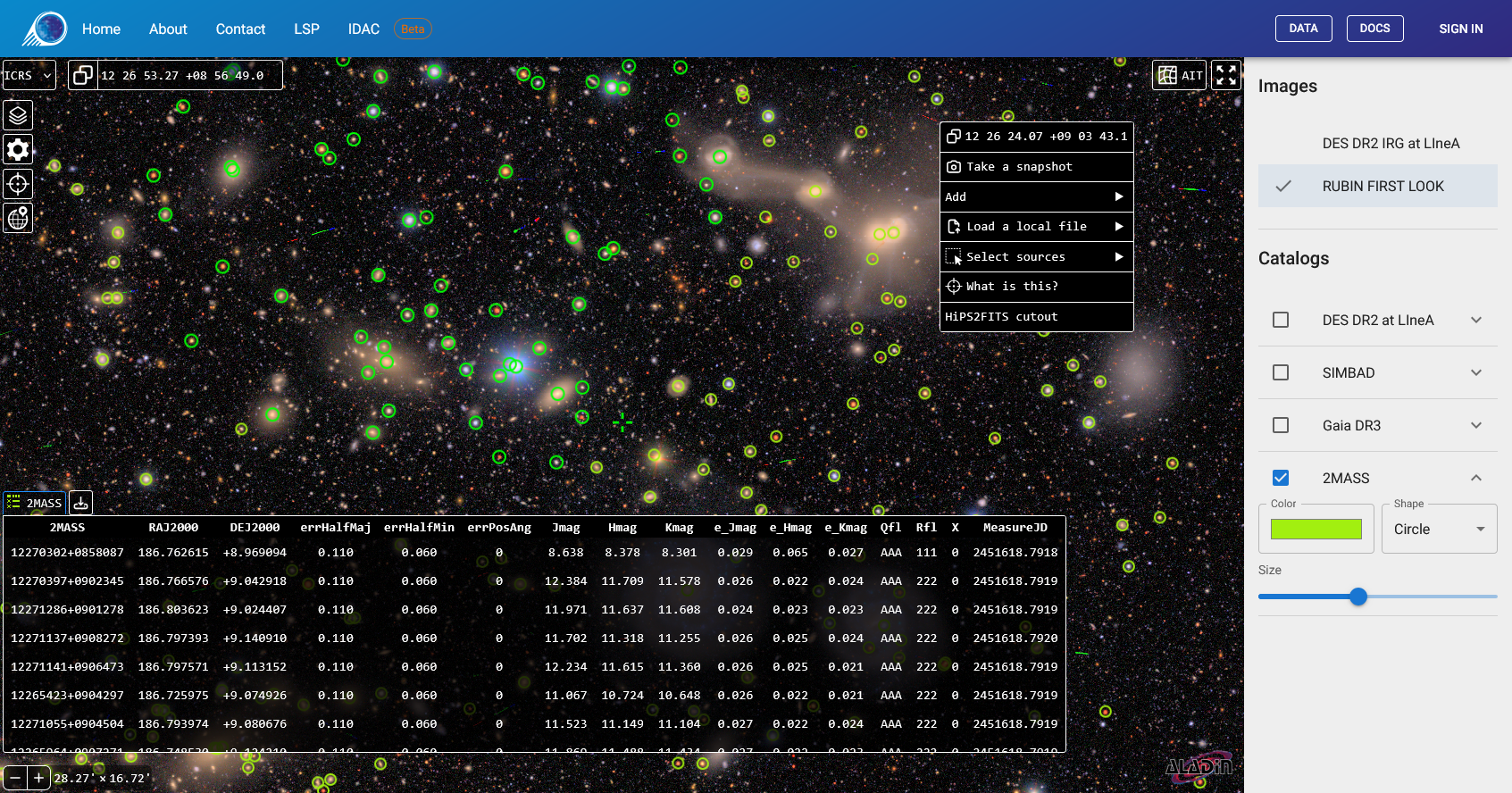 Sky Viewer context menu