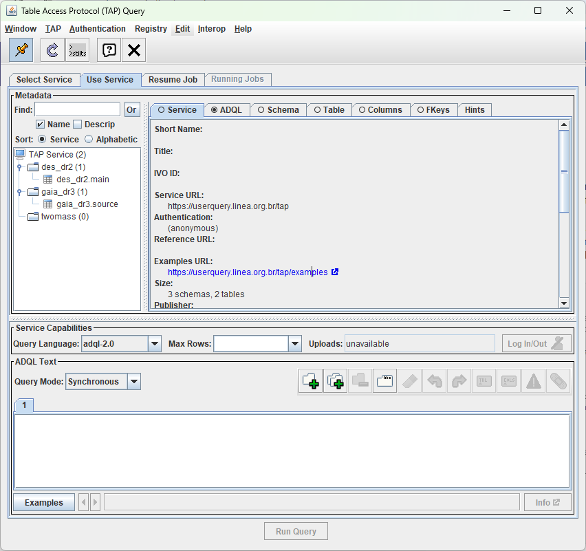 The connected TAP service shows available tables on the left and metadata on the right
