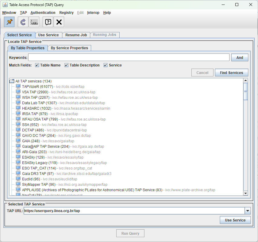 Enter the LIneA TAP URL and click Use Service to connect